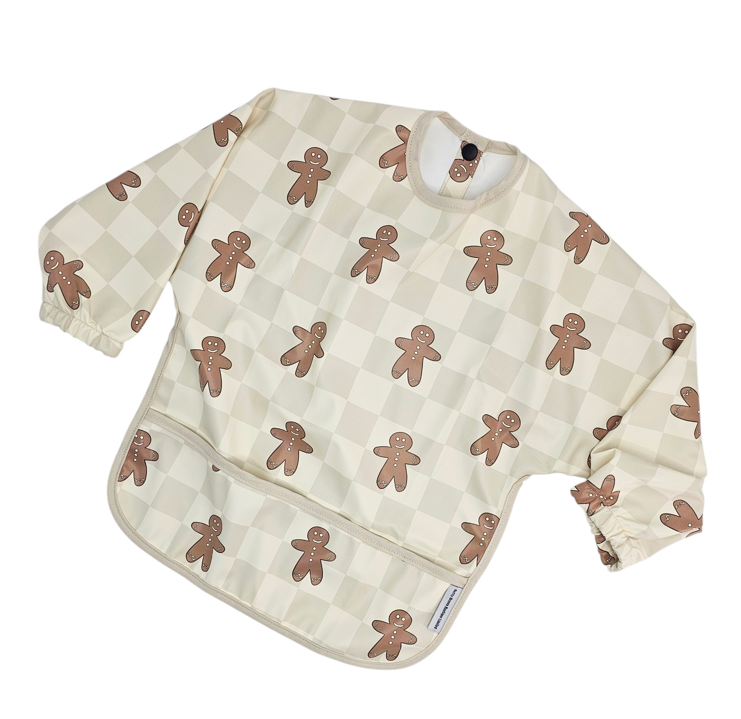 Gingham Gingerbread Man Christmas Print Waterproof Bib with Sleeves - Betty Brown Boutique Ltd