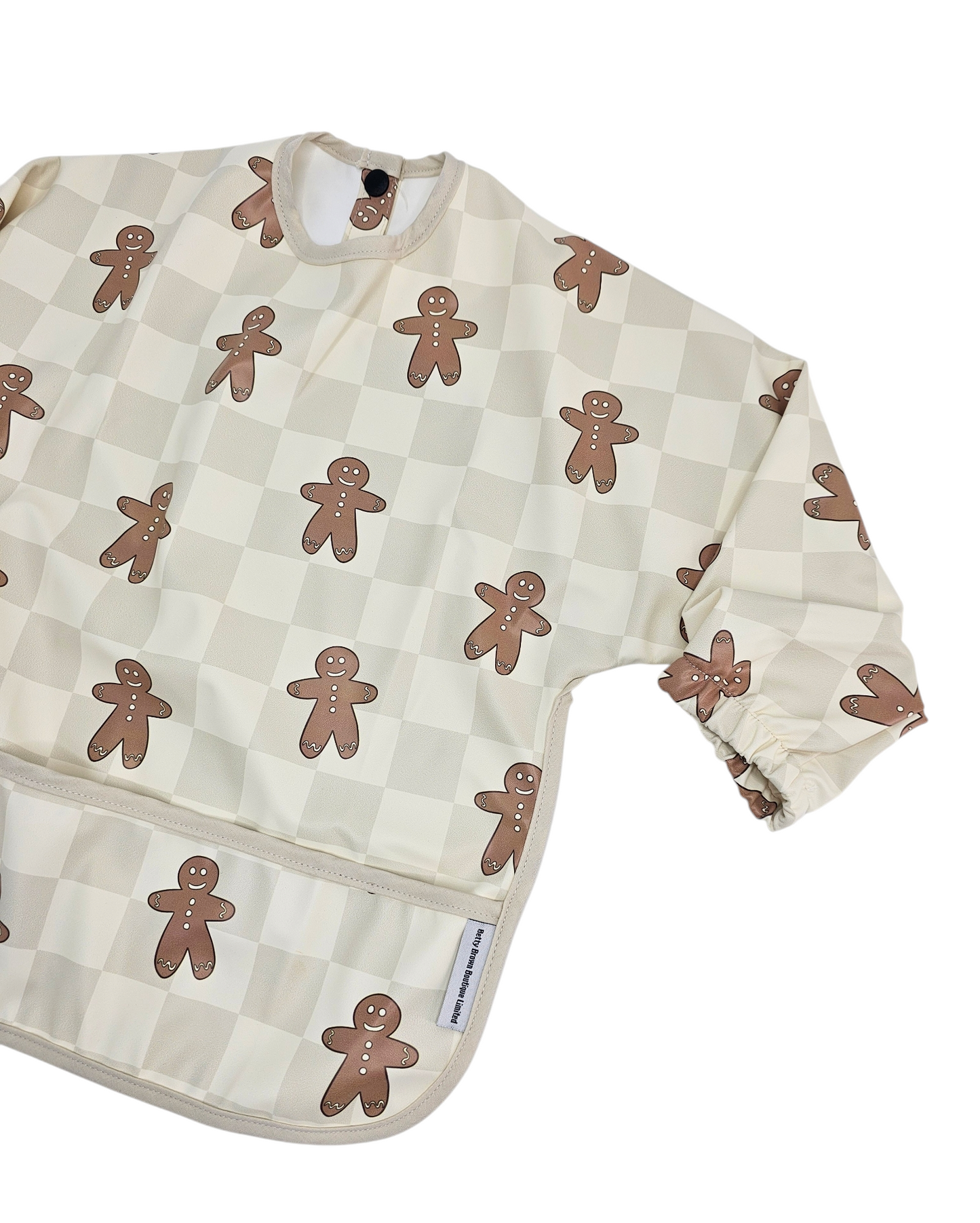 Gingham Gingerbread Man Christmas Print Waterproof Bib with Sleeves - Betty Brown Boutique Ltd