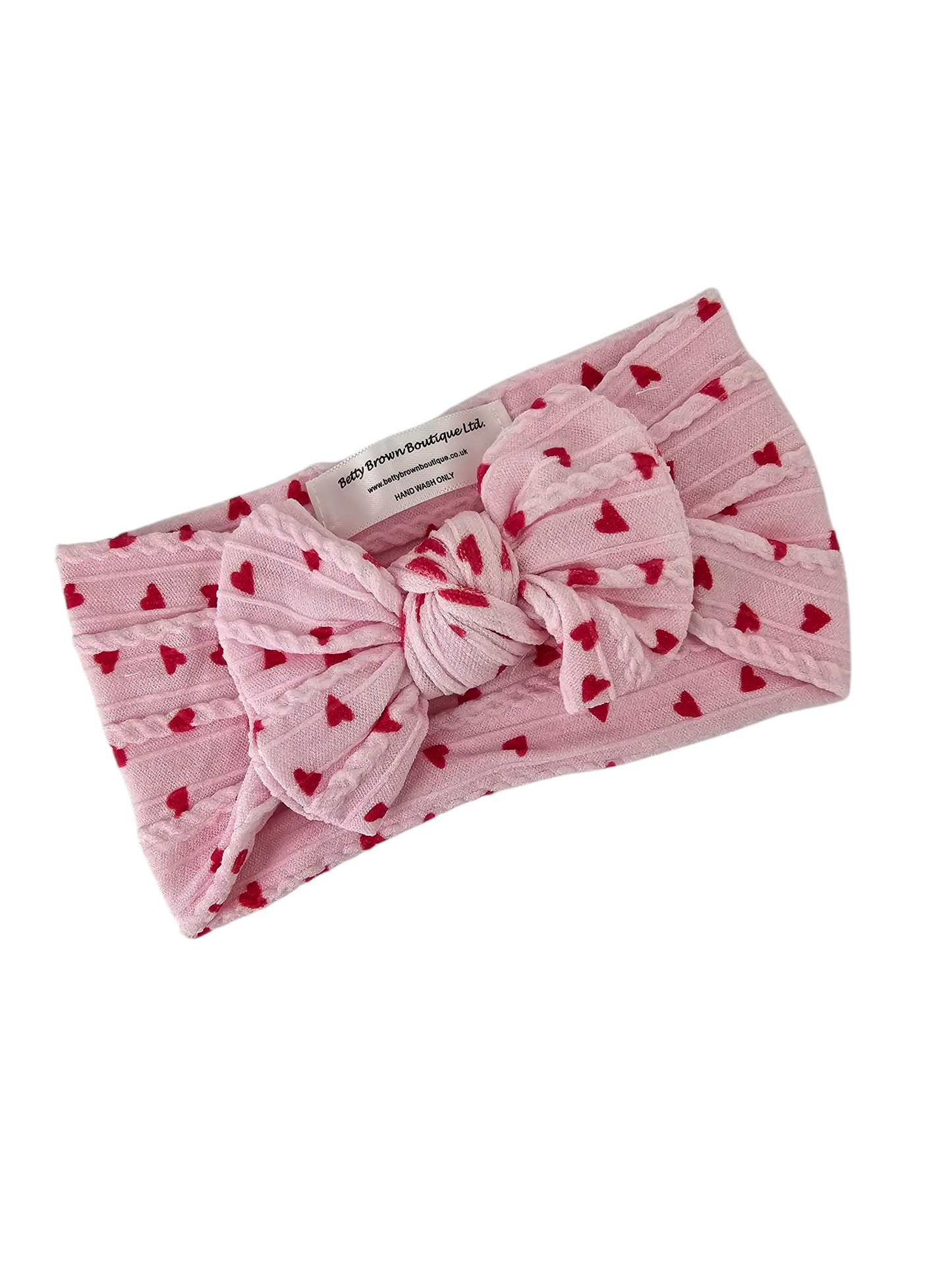 Pink and Red Heart Smaller Bow Cable Knit Headband - Valentines Collection