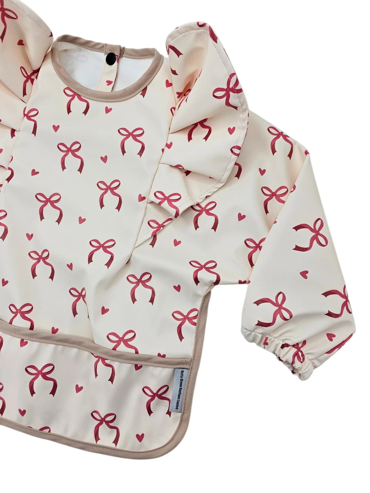 Pink Bow Pattern Frill Detailed Waterproof Bib with Sleeves