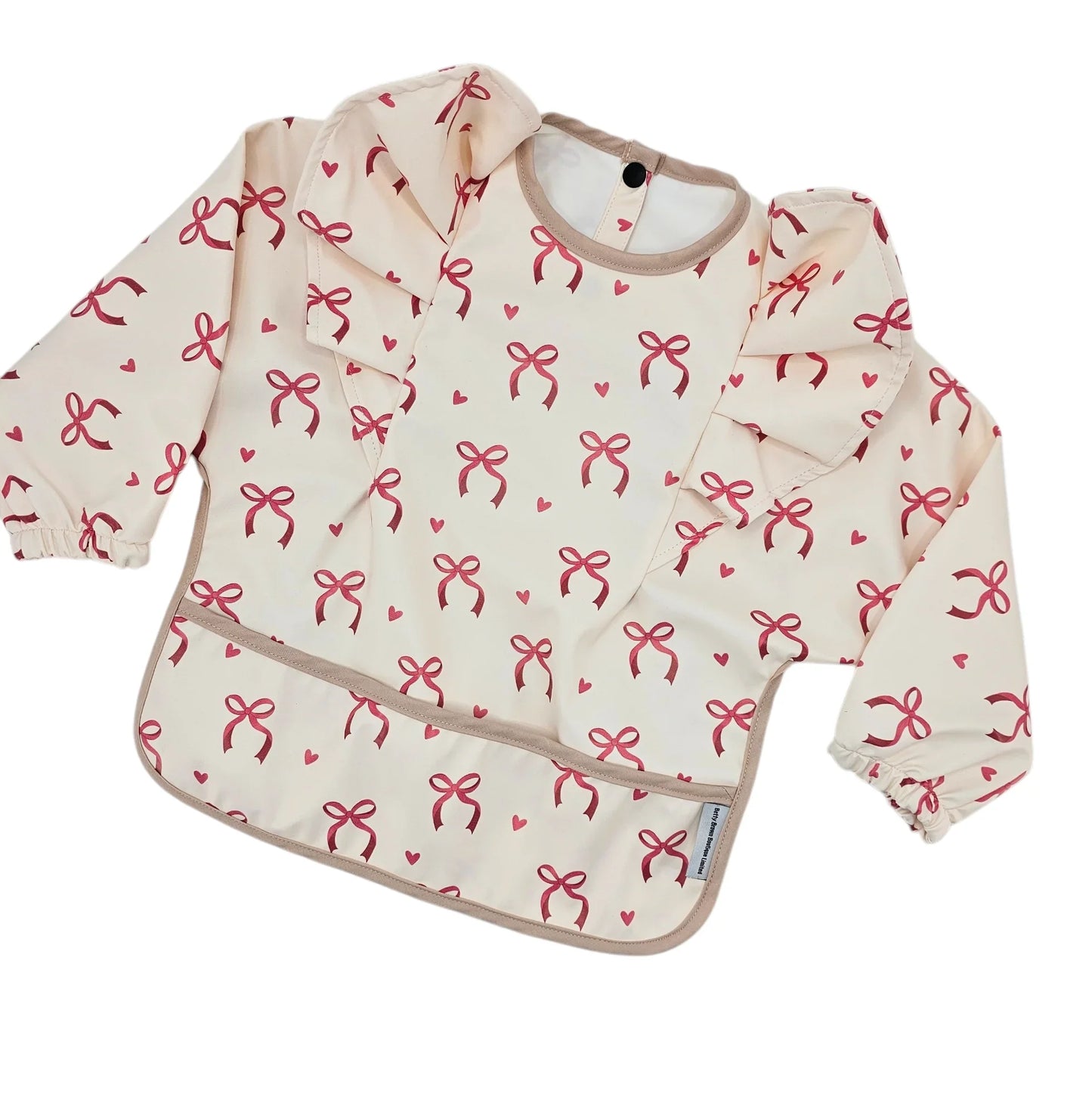 Pink Bow Pattern Frill Detailed Waterproof Bib with Sleeves