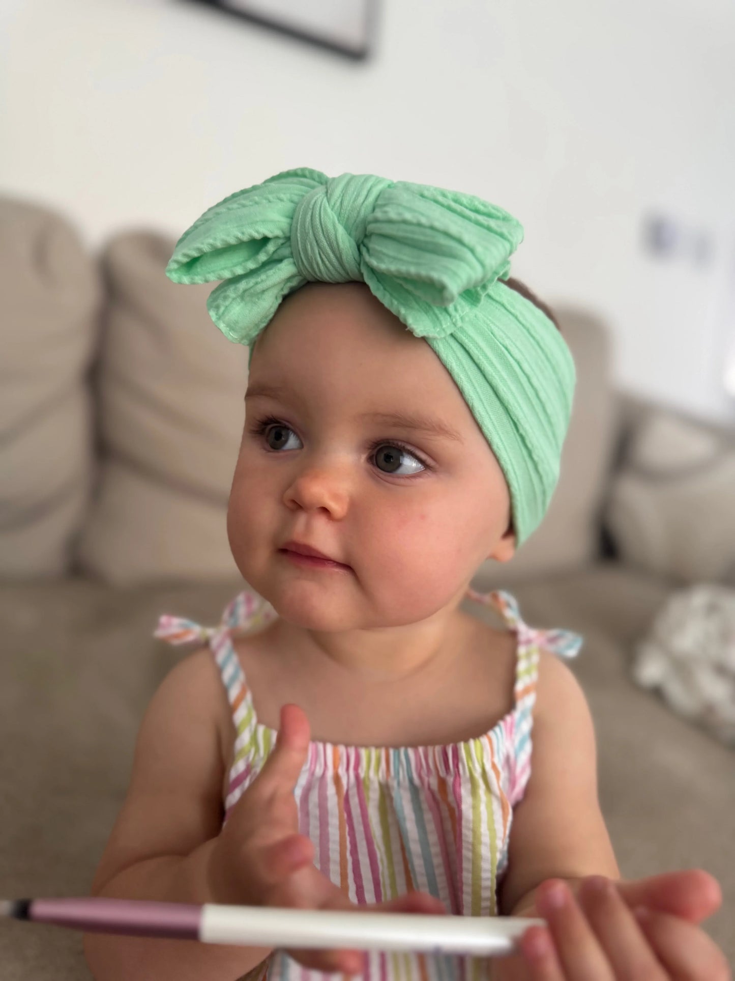 Apple Green Larger Bow Headband For Girls From Newborn - Image 4