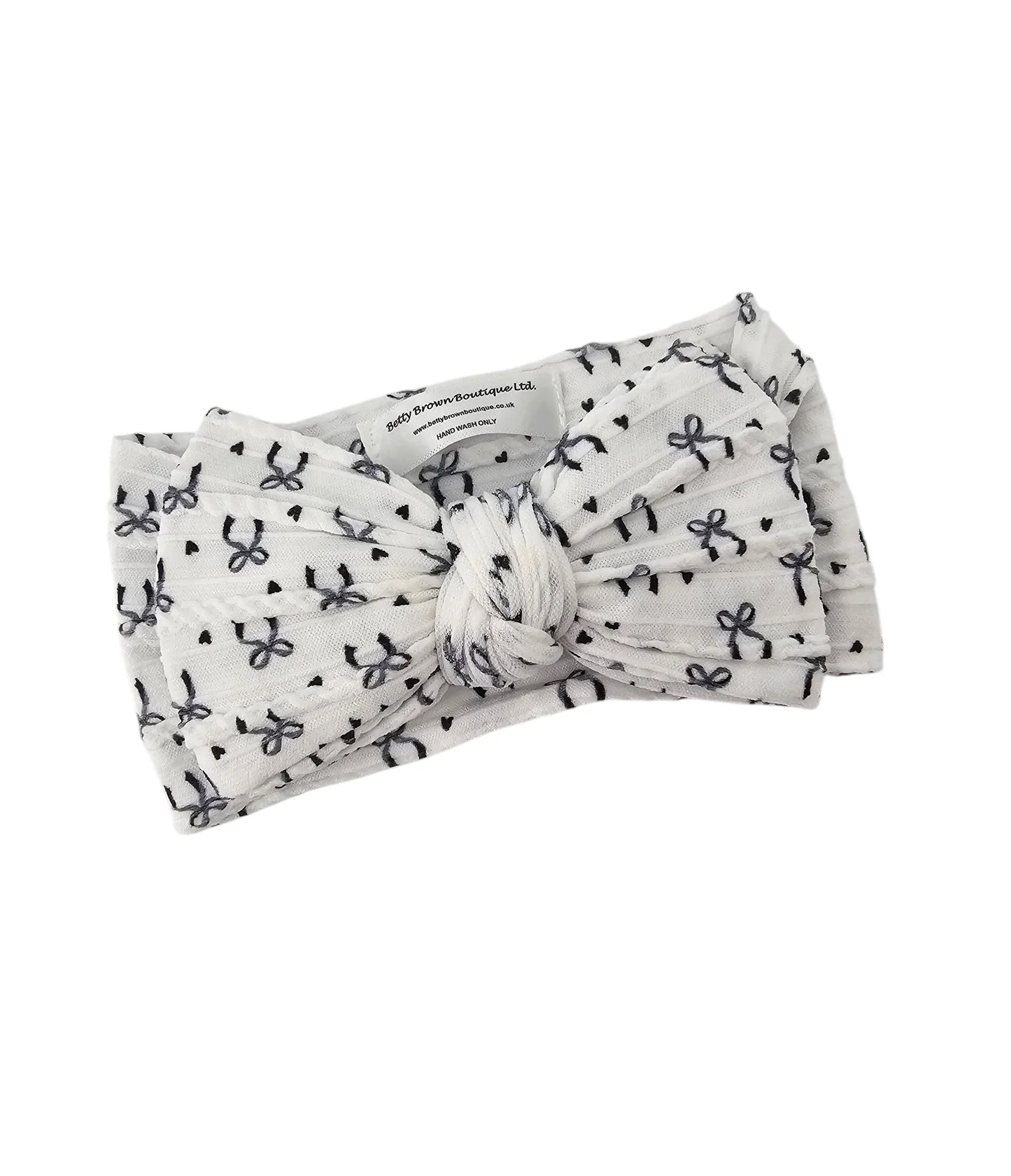Black Bow Print Larger Bow Headband for Newborns to Age 3 - Image 2