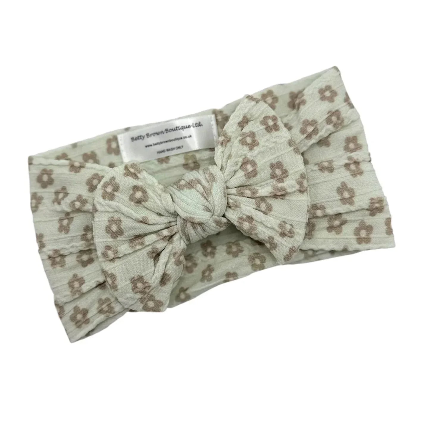 Chocolate Daisy Print Smaller Bow Headband For Baby Girls - Image 1
