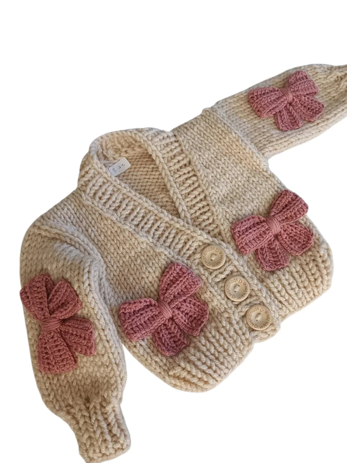 Handknitted Wool Cardigan Latte With Pink Bow For 0-18 Month - Image 9