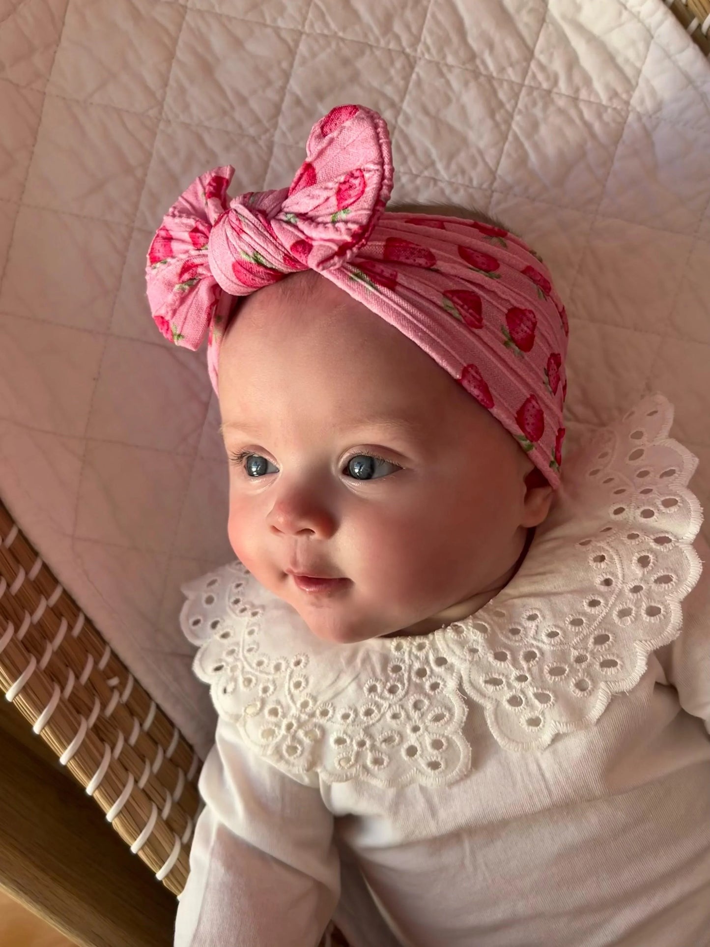 Pink Strawberry Print Smaller Bow Cable Knit Headwrap - Betty Brown Boutique Ltd