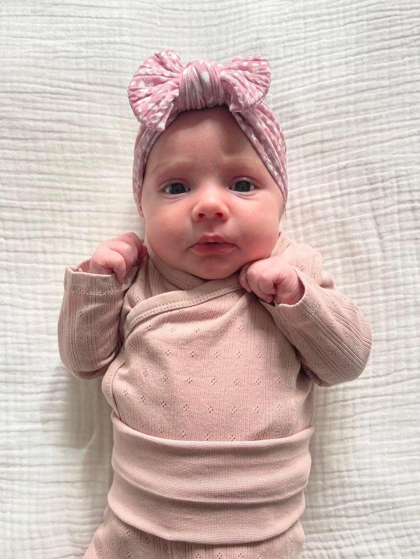 Mocha Dalmatian Smaller Bow Headband For Newborn to Age 3 - Image 3