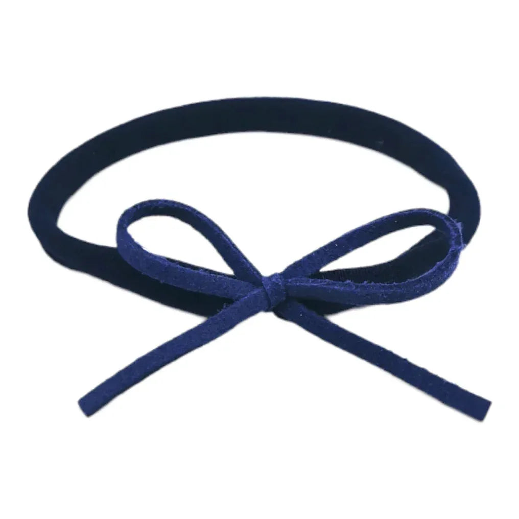 Navy Blue Mini Cord Bow On Headband For Newborns to Age 3 - Image 1