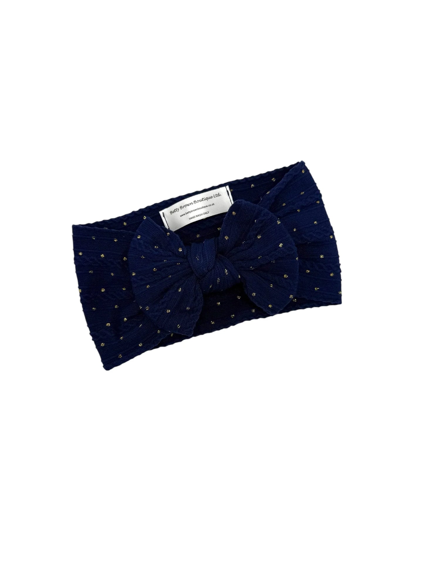Navy Blue Gold Spot Smaller Bow Headband For Baby Girls - Image 1