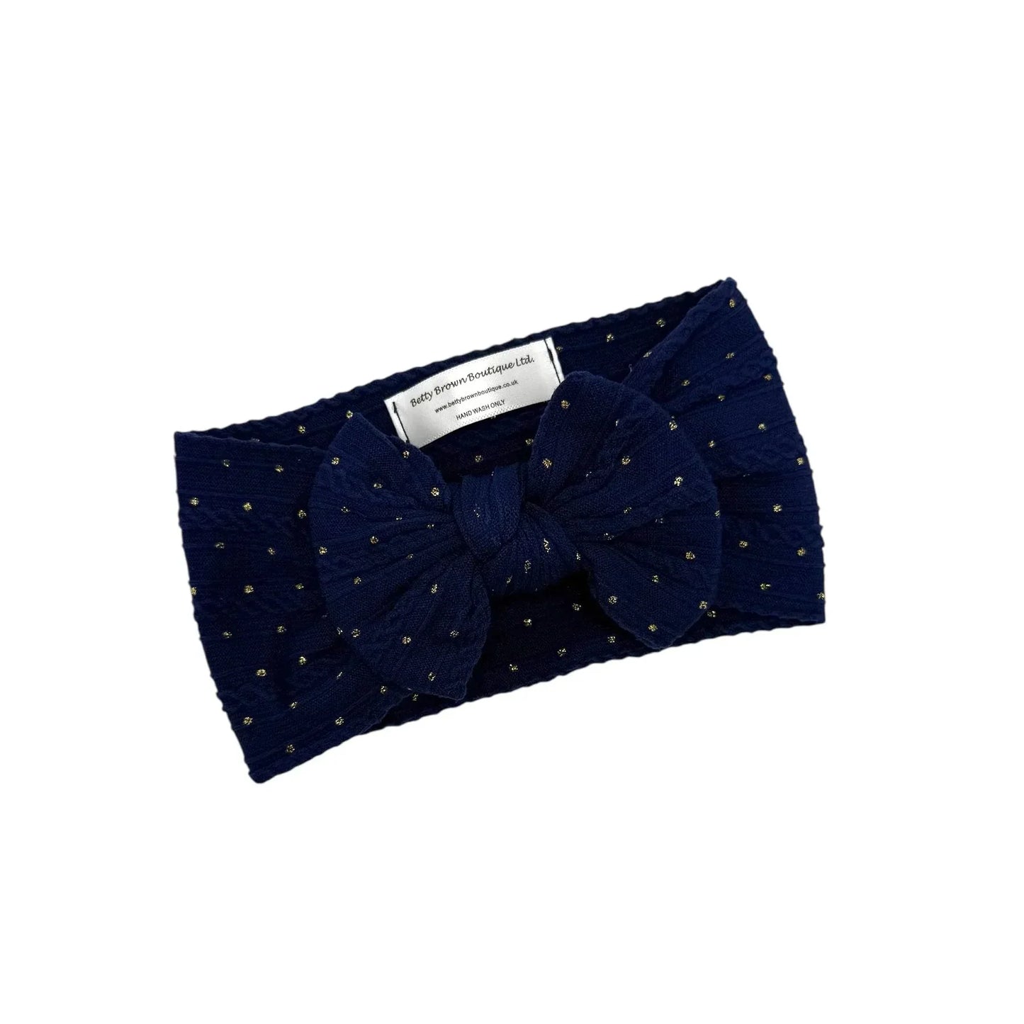 Navy Blue Gold Spot Smaller Bow Headband For Baby Girls - Image 1
