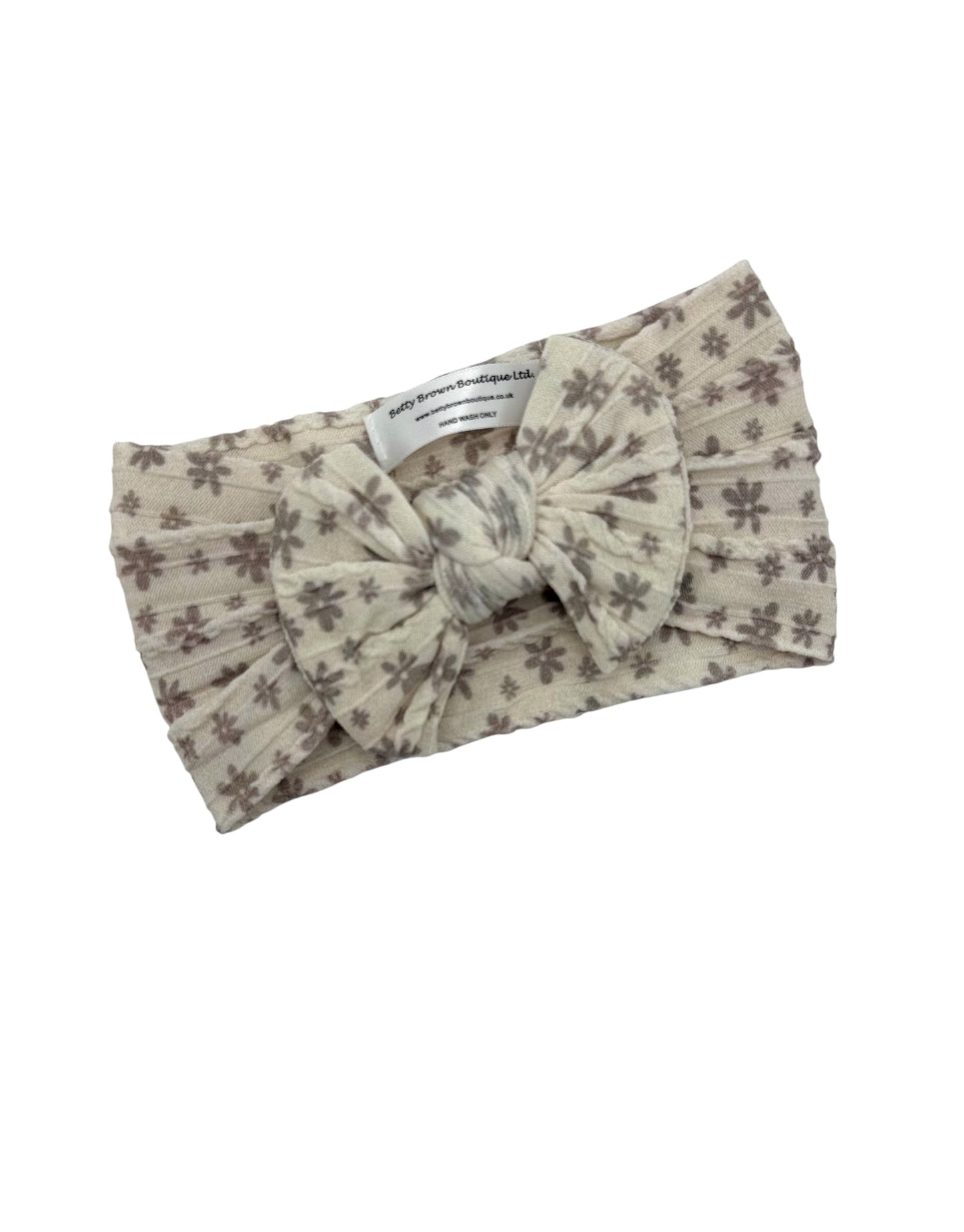 Neutral Flower Print Smaller Bow Headband For Baby Girls - Image 1