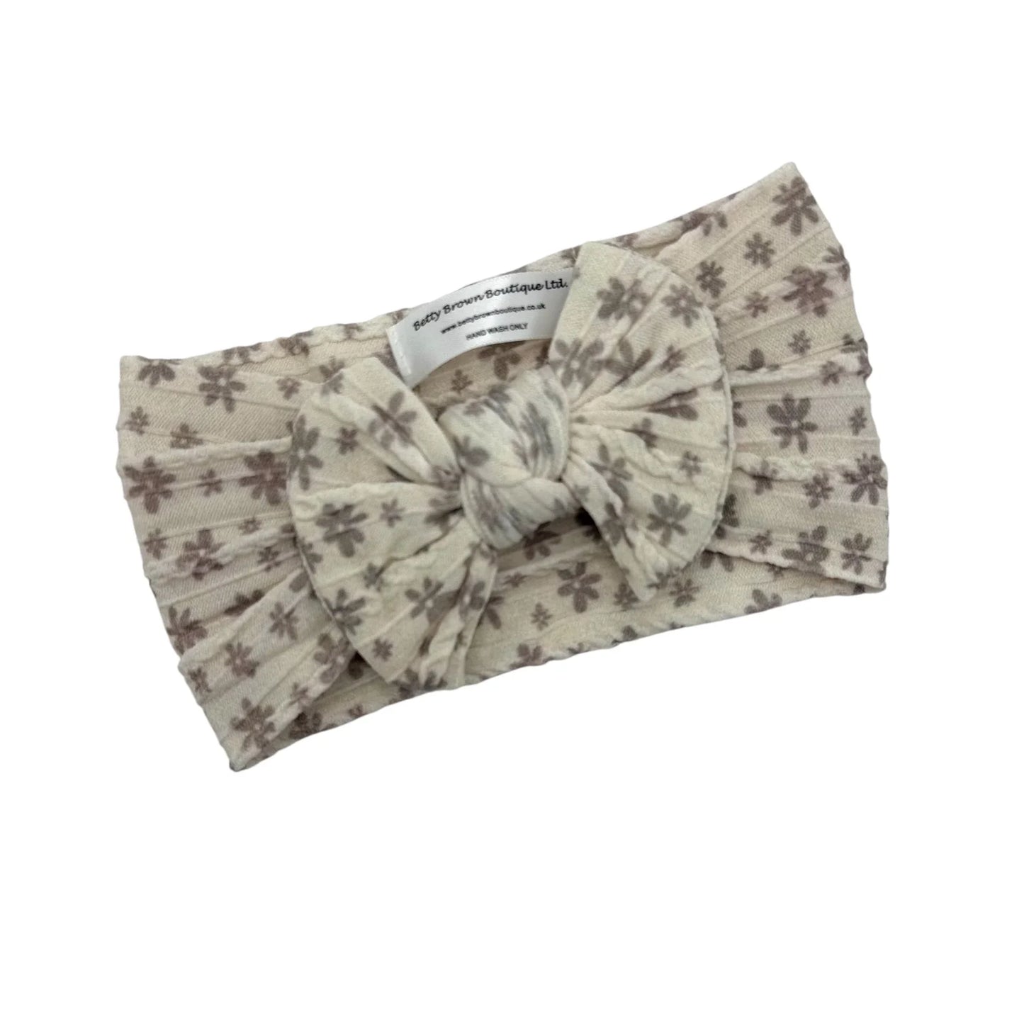 Neutral Flower Print Smaller Bow Headband For Baby Girls - Image 1