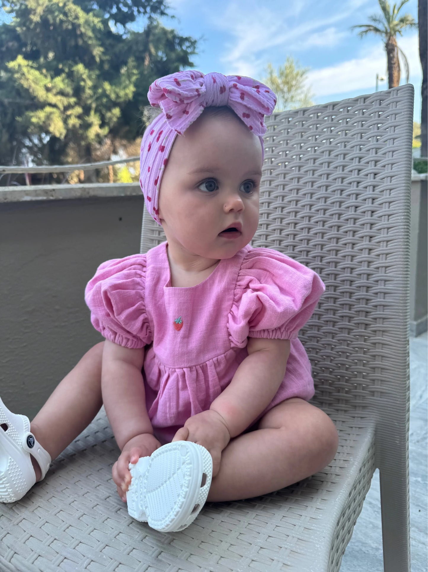 Pink Cherry Print Larger Bow Headband For Newborns to Age 3 - Image 5