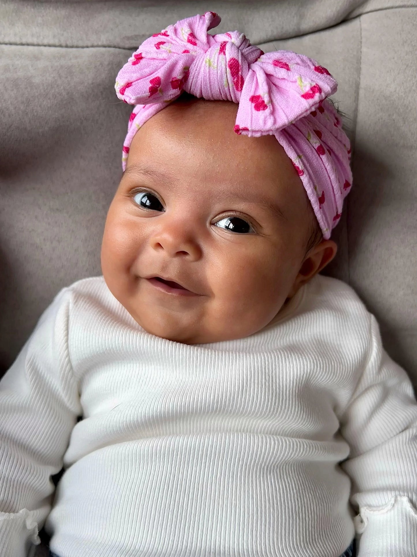 Pink Cherry Print Smaller Bow Headband For Newborns to Age 3 - Image 3