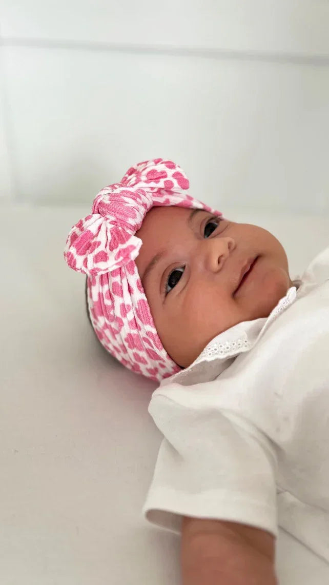 Pink Cow Print Smaller Bow Headband For Babies From Newborn - Image 5