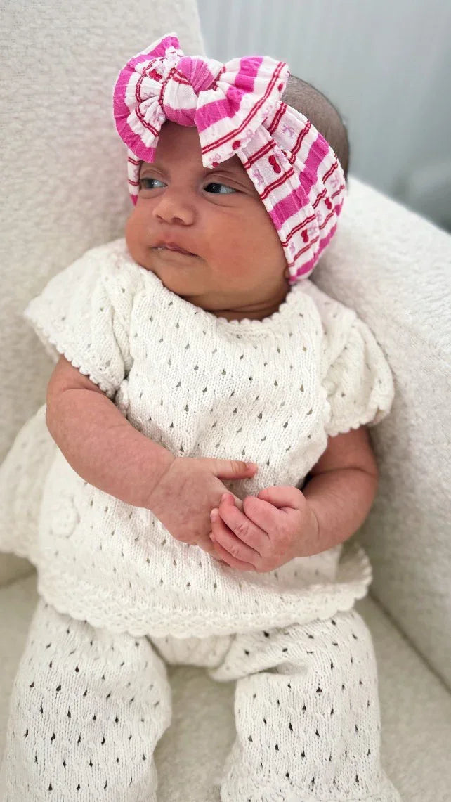 Pink Pinstripe Cherry Smaller Bow Headband For Baby Girls - Image 6