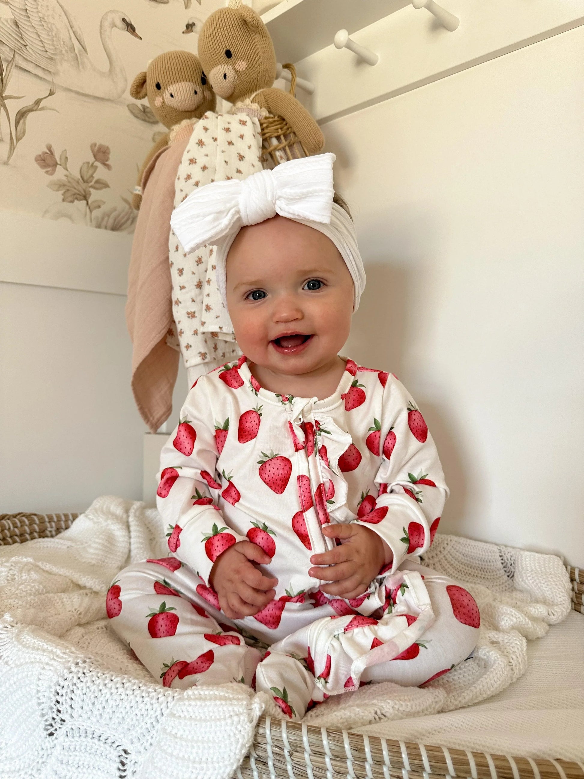 White Strawberry Frill Detailed Sleepsuit - Betty Brown Boutique Ltd
