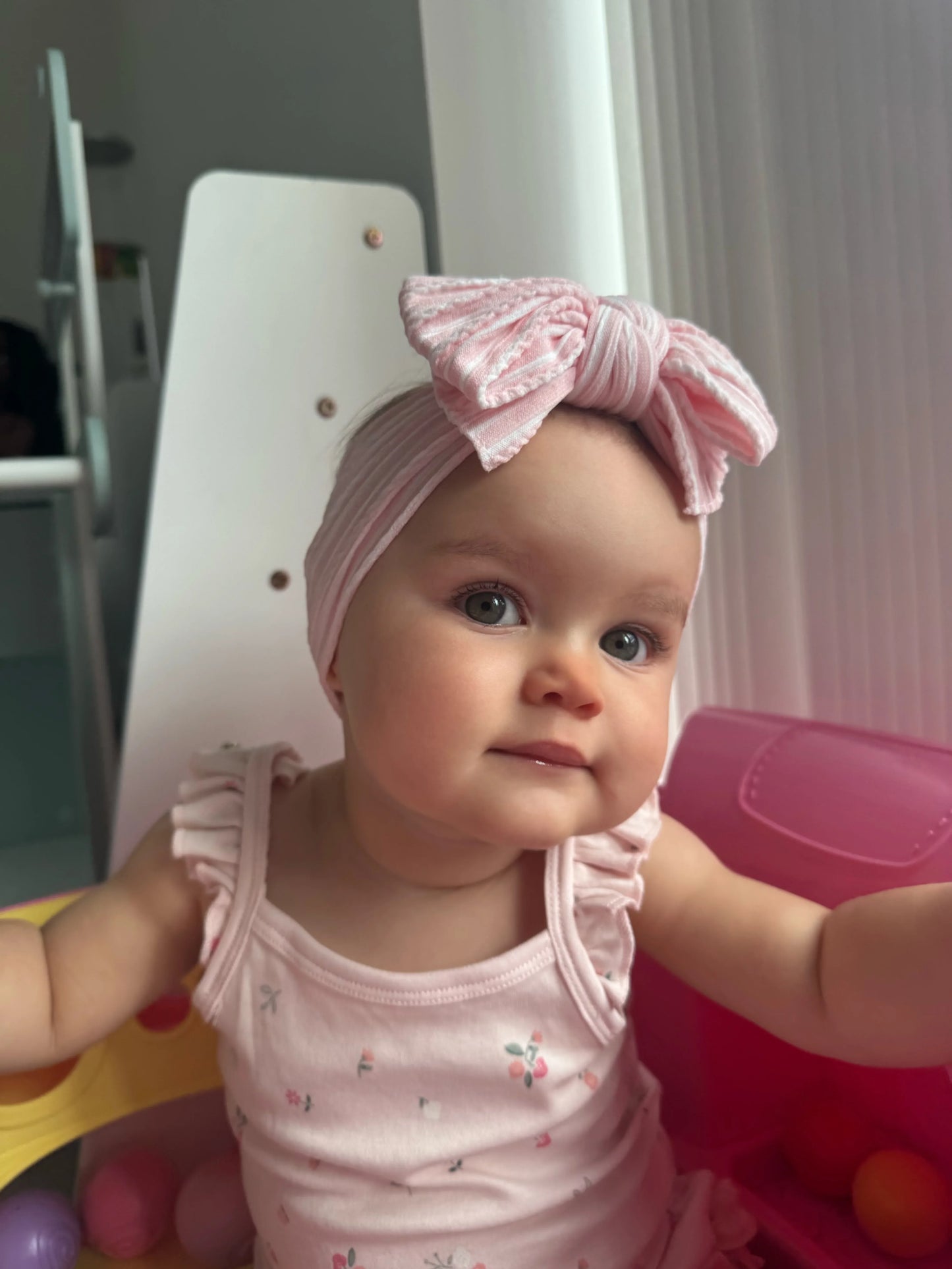 Pink Pinstripe Pattern Larger Bow Cable Knit Headband