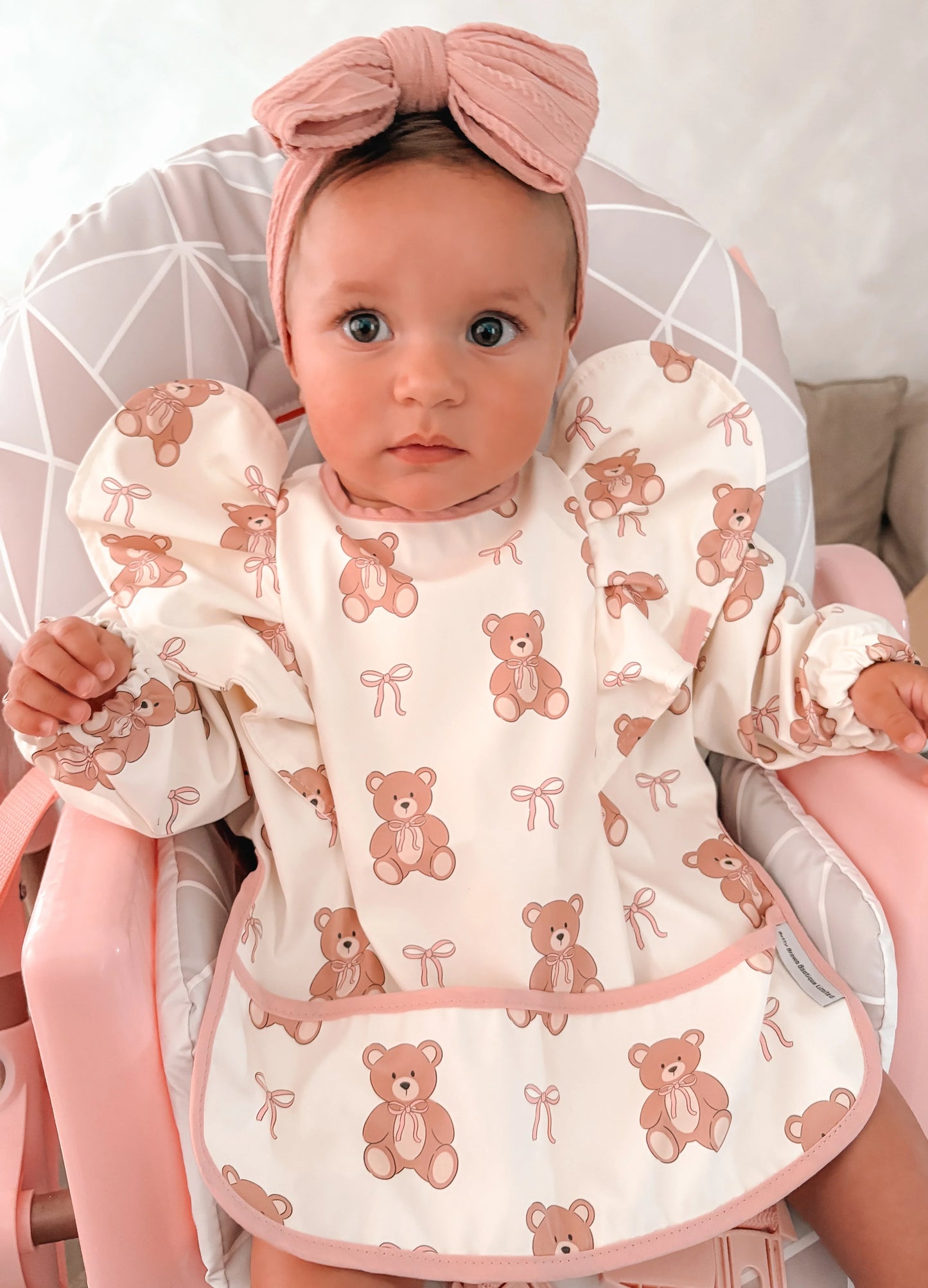 Teddy Bear Bow Pattern Frill Detailed Waterproof Bib with Sleeves
