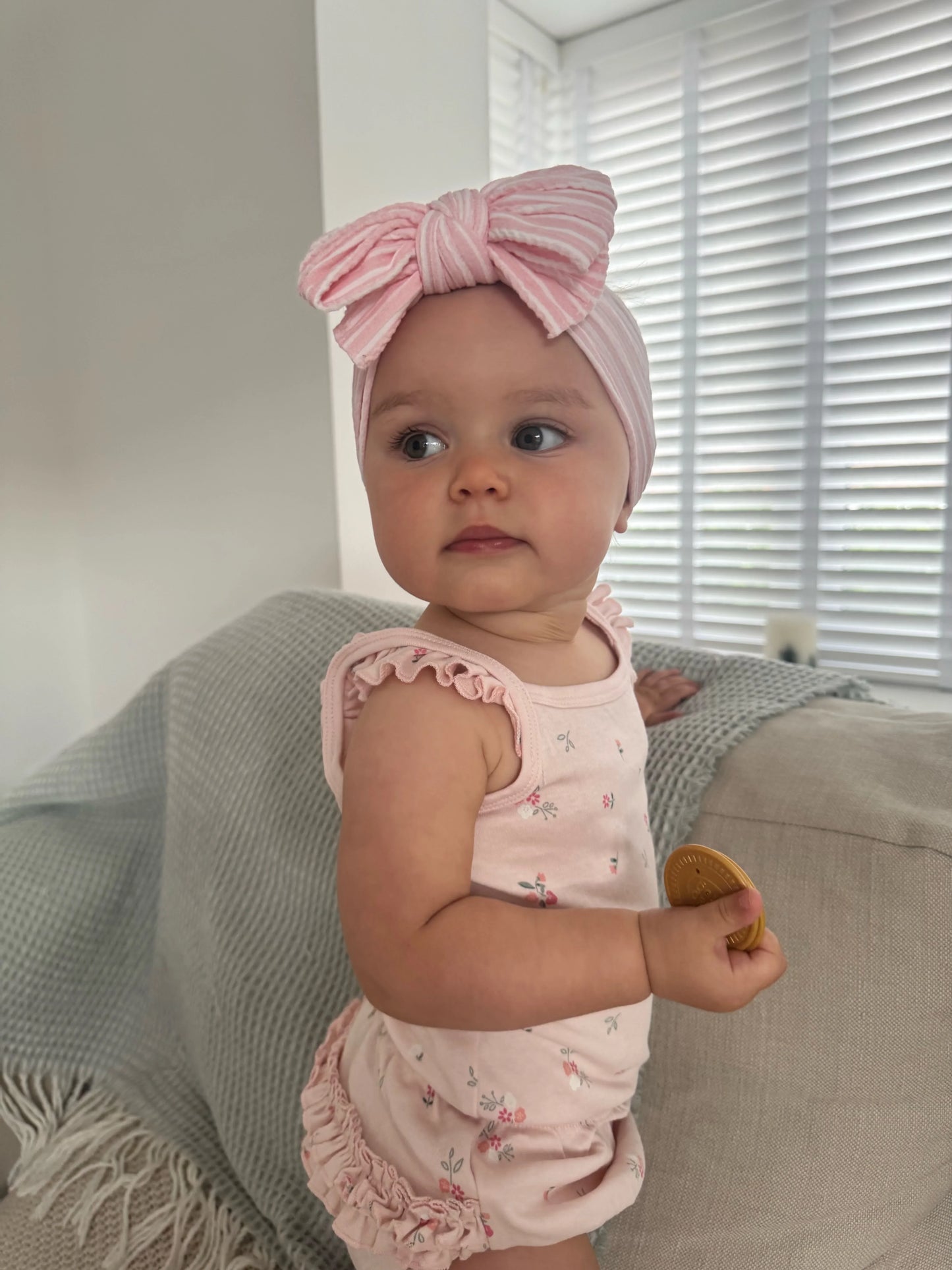 Pink Pinstripe Pattern Larger Bow Cable Knit Headband