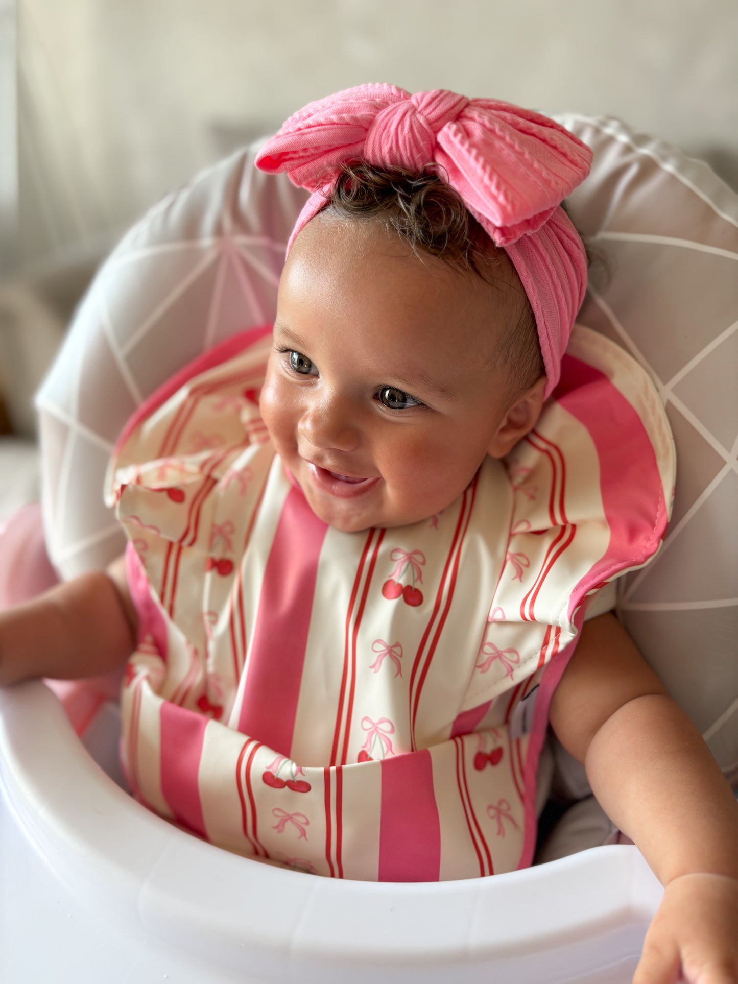 Pink Pinstripe Cherry Pattern Bib Bow Bundle