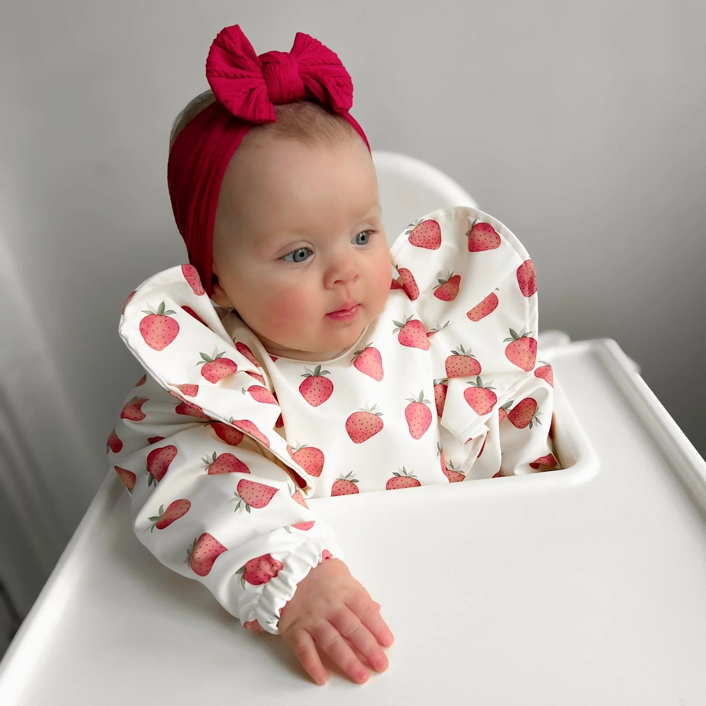 Cream Strawberry Print Frill Detailed Waterproof Bib with Sleeves - Betty Brown Boutique Ltd