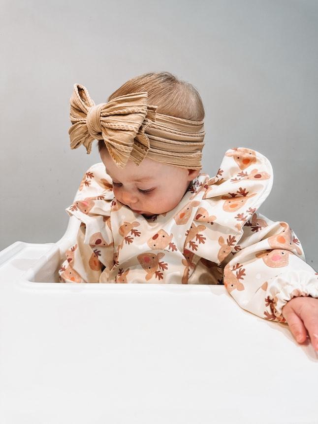 Reindeer Christmas Print Frill Detailed Waterproof Bib with Sleeves - Betty Brown Boutique Ltd