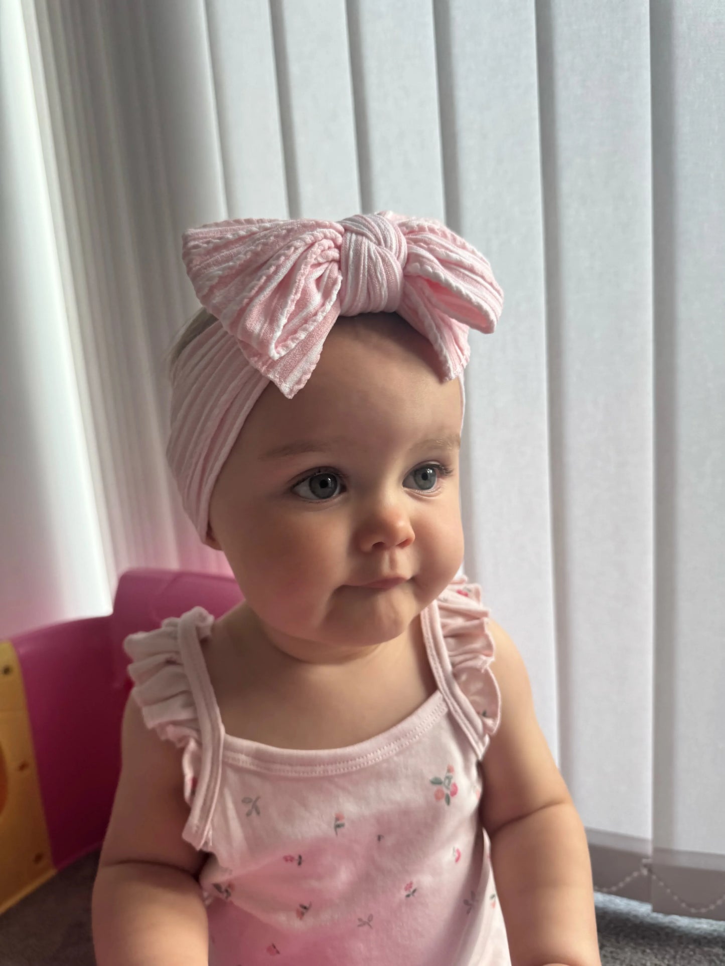 Pink Pinstripe Pattern Larger Bow Cable Knit Headband