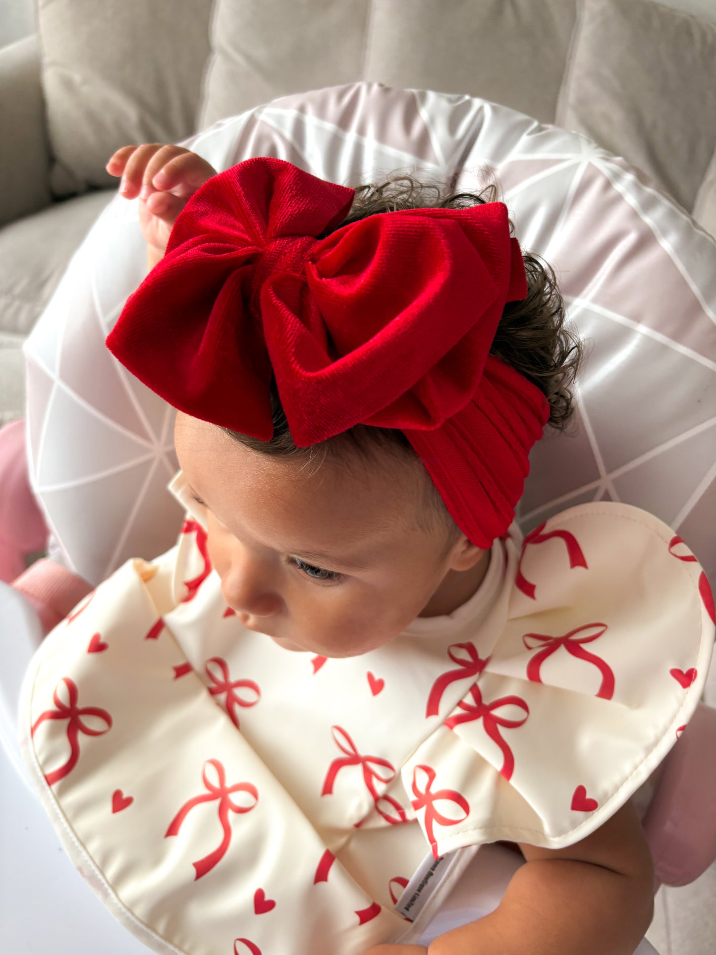 Cream and Red Bow Pattern Frill Detailed Waterproof Bib - 2025 Christmas Collection