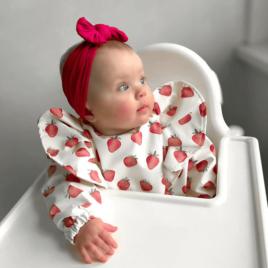 Cream Strawberry Print Frill Detailed Waterproof Bib with Sleeves - Betty Brown Boutique Ltd