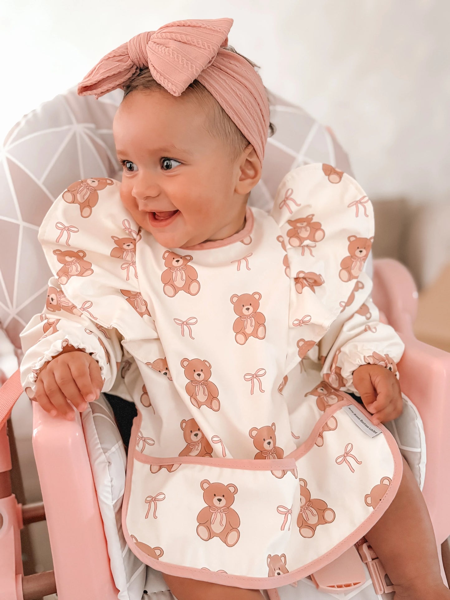Teddy Bear Bow Pattern Frill Detailed Waterproof Bib with Sleeves