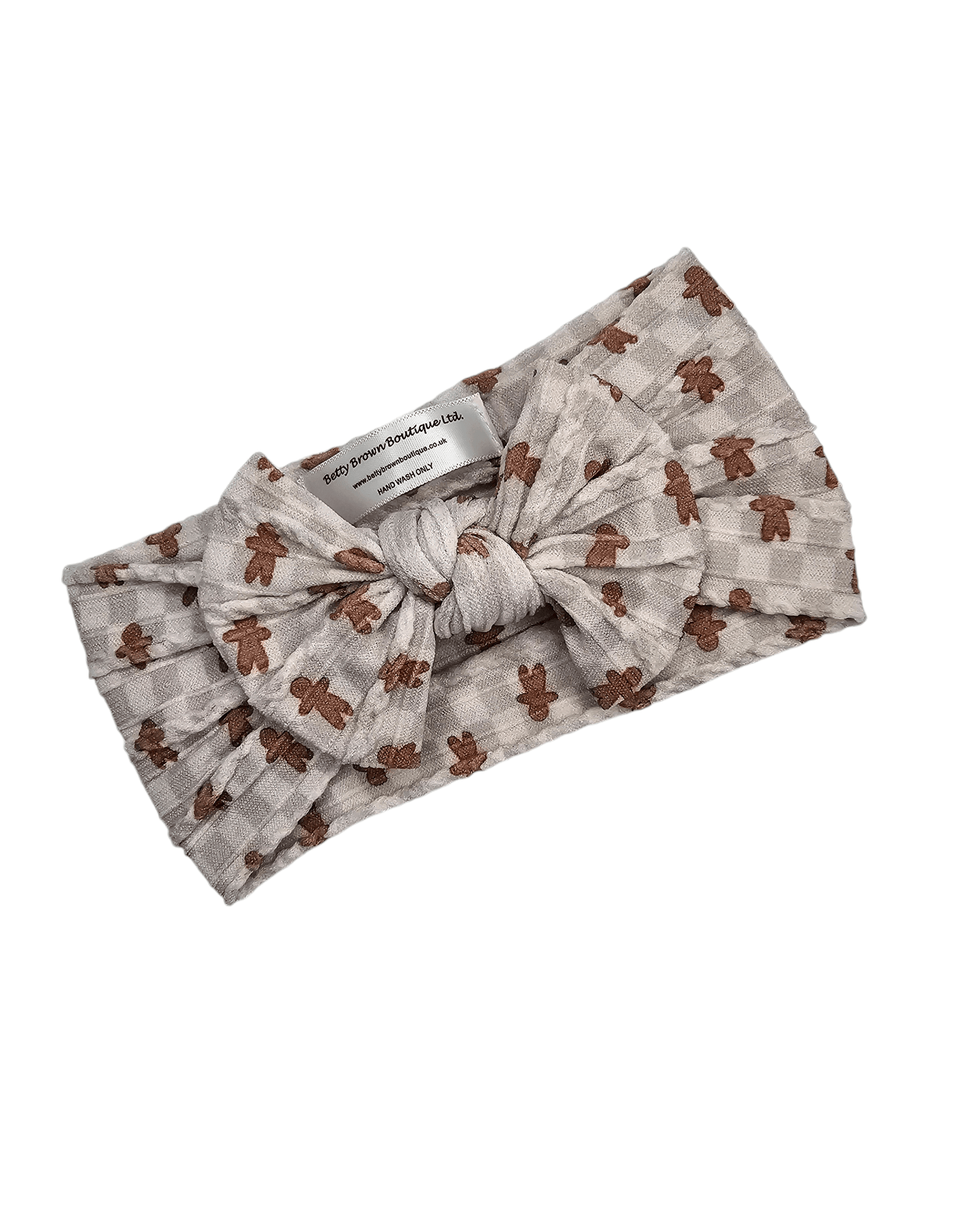 Gingham Gingerbread Man Christmas Smaller Bow Cable Knit Headwrap - Betty Brown Boutique Ltd