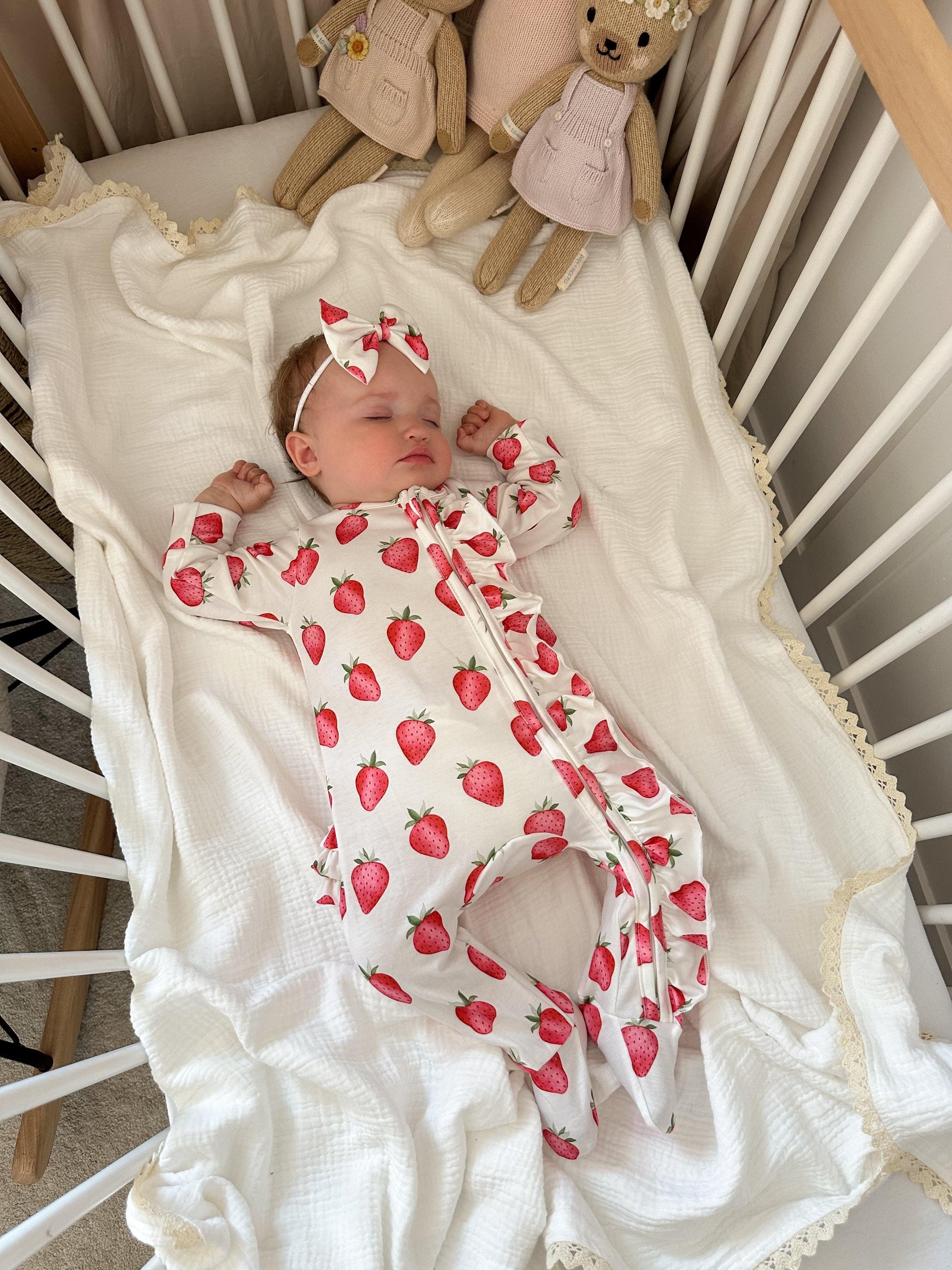 White Strawberry Frill Detailed Sleepsuit - Betty Brown Boutique Ltd