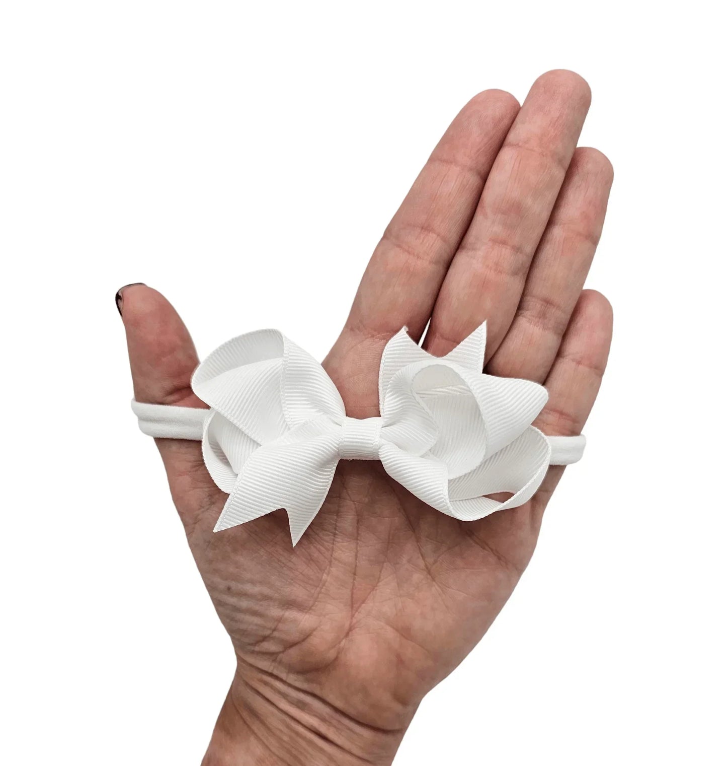 White 3 Inch Dainty Bow On Headband For Newborns to Age 3 - Image 4