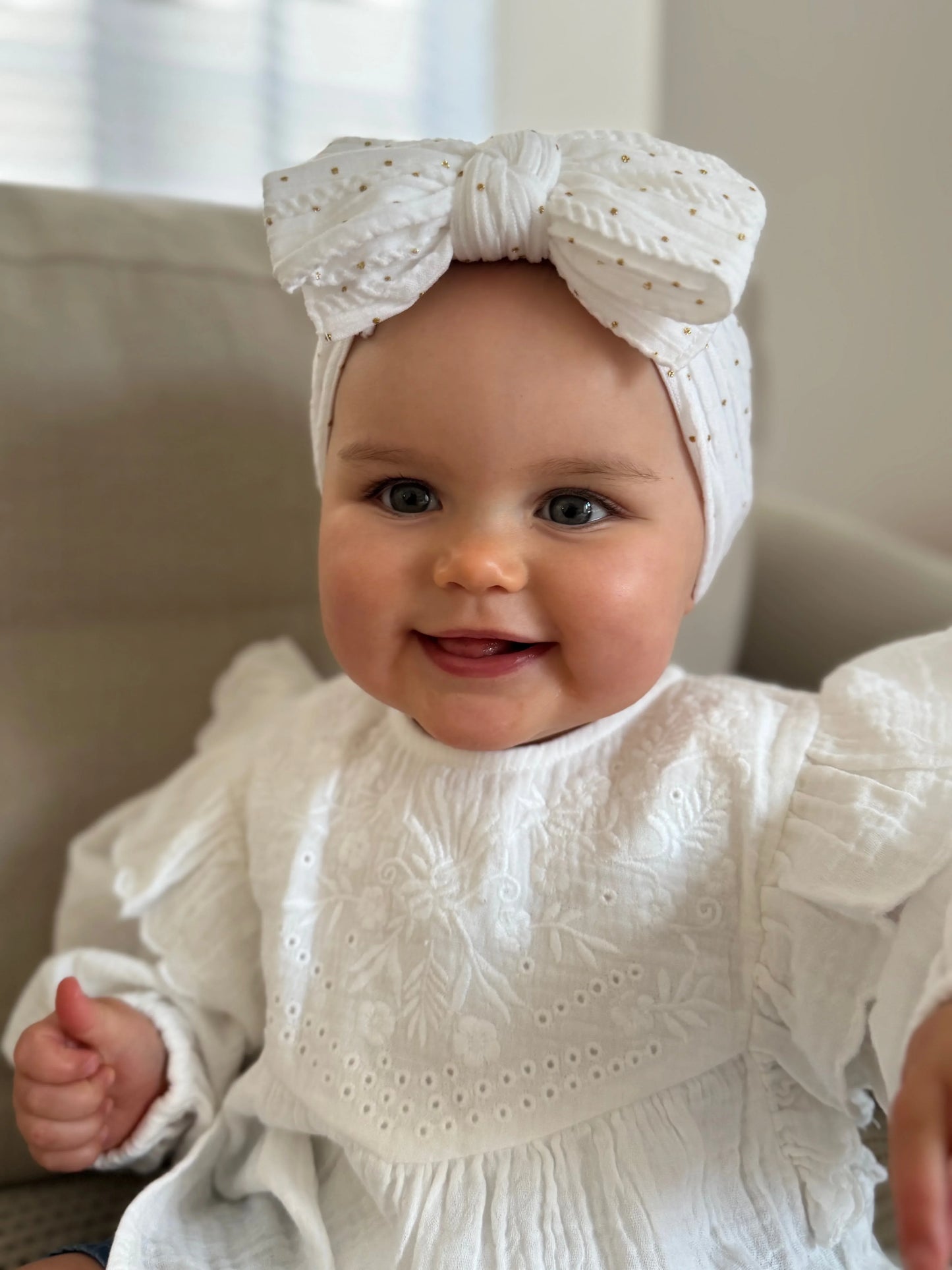 White Gold Spot Larger Bow Headband Perfect For Babies - Image 7
