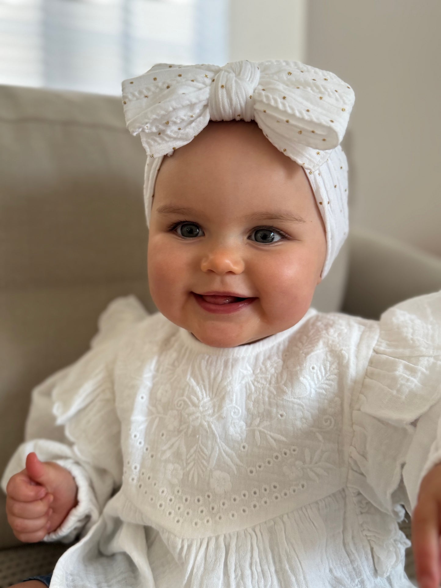 White Gold Spot Larger Bow Headband Perfect For Babies - Image 6