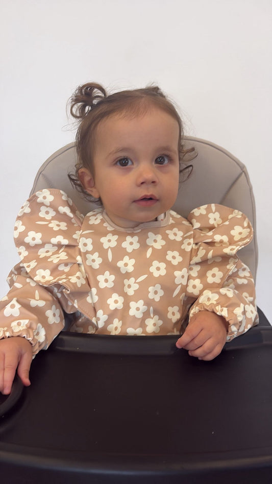 Chocolate Daisy Print Frill Detailed Waterproof Weaning Bib with Sleeves