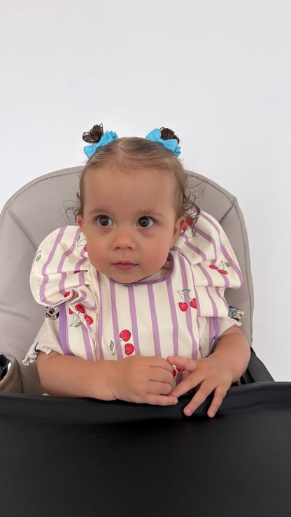 Lilac Pinstripe Cherry Pattern Frill Detailed Waterproof Weaning Bib