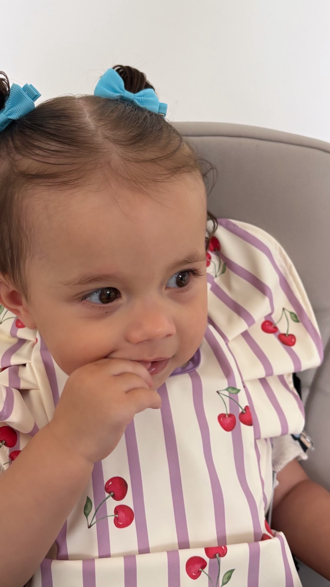 Lilac Pinstripe Cherry Pattern Frill Detailed Waterproof Weaning Bib