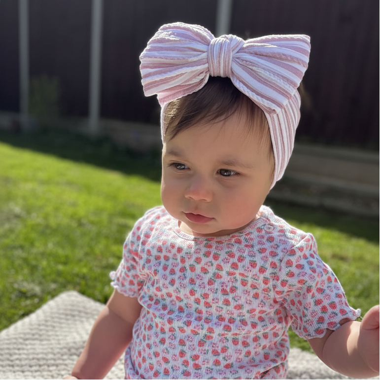 Dusty Pink Pinstripe Pattern Larger Bow Cable Knit Headband