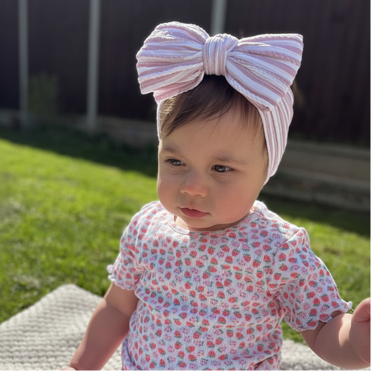 Pink Pinstripe Larger Bow Headband For Babies - Image 1