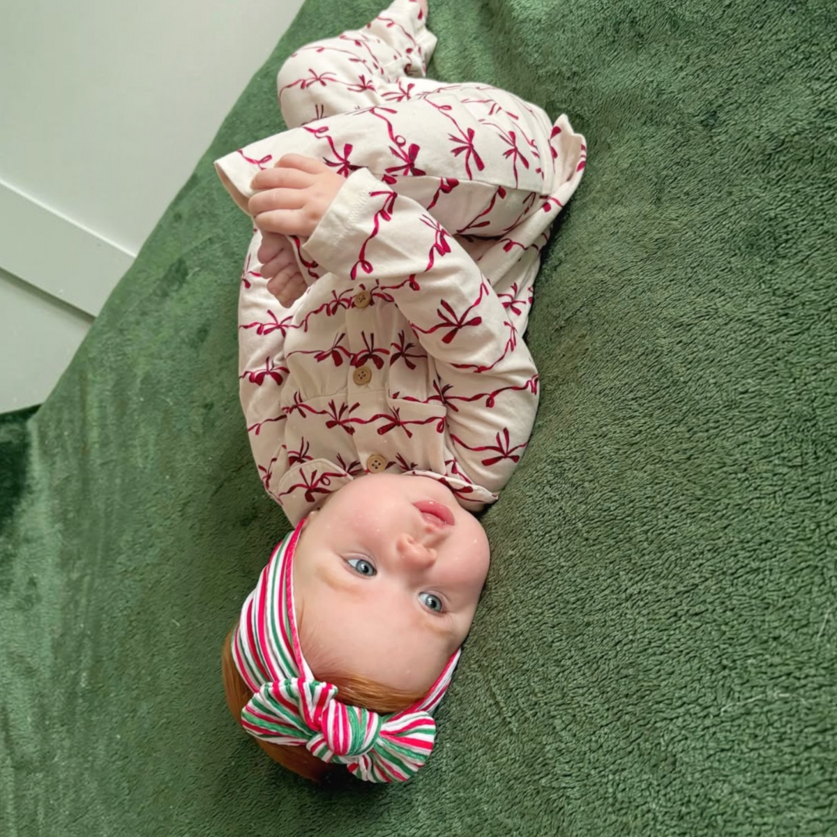 Green and Red Pinstripe Christmas Pattern Smaller Bow Cable Knit Headband - Christmas Collection
