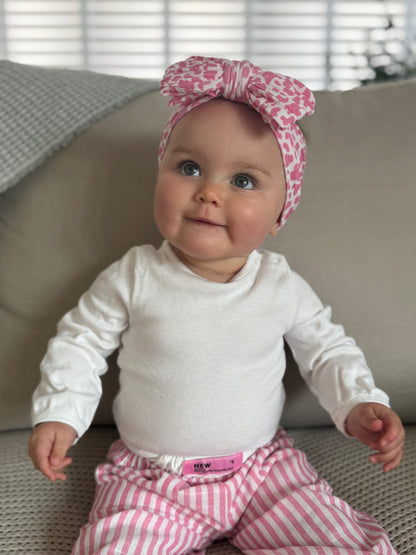 Pink Cow Print Larger Bow Cable Knit Headband