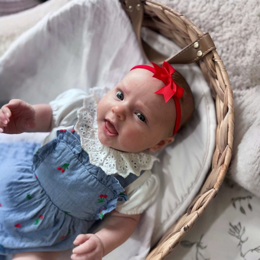 2 inch Red Kiss Dainty Bow On Headband For Babies to Age 3 - Image 1