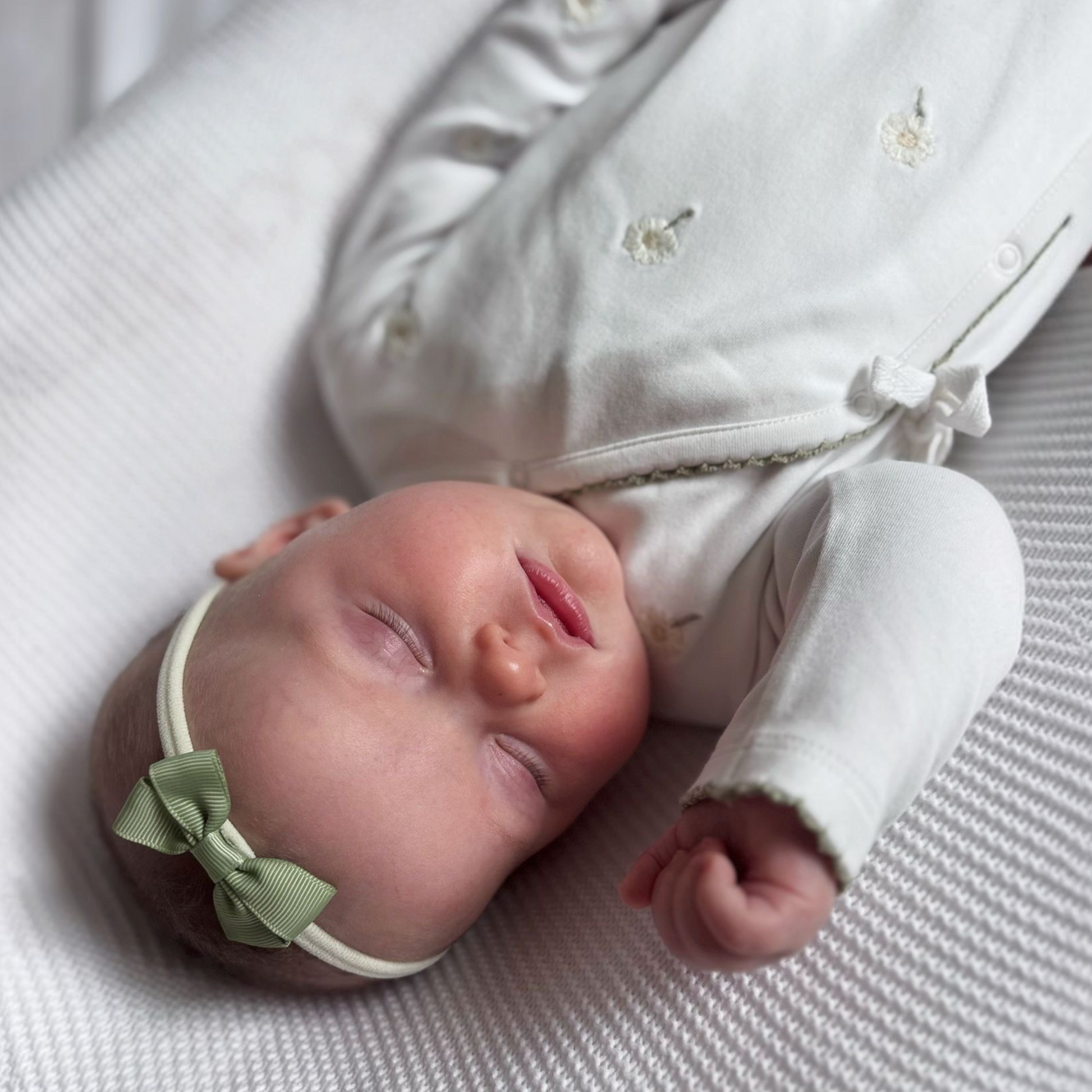 2 inch Sage Green Mini Double Bow On Headband For Baby Girls - Image 1