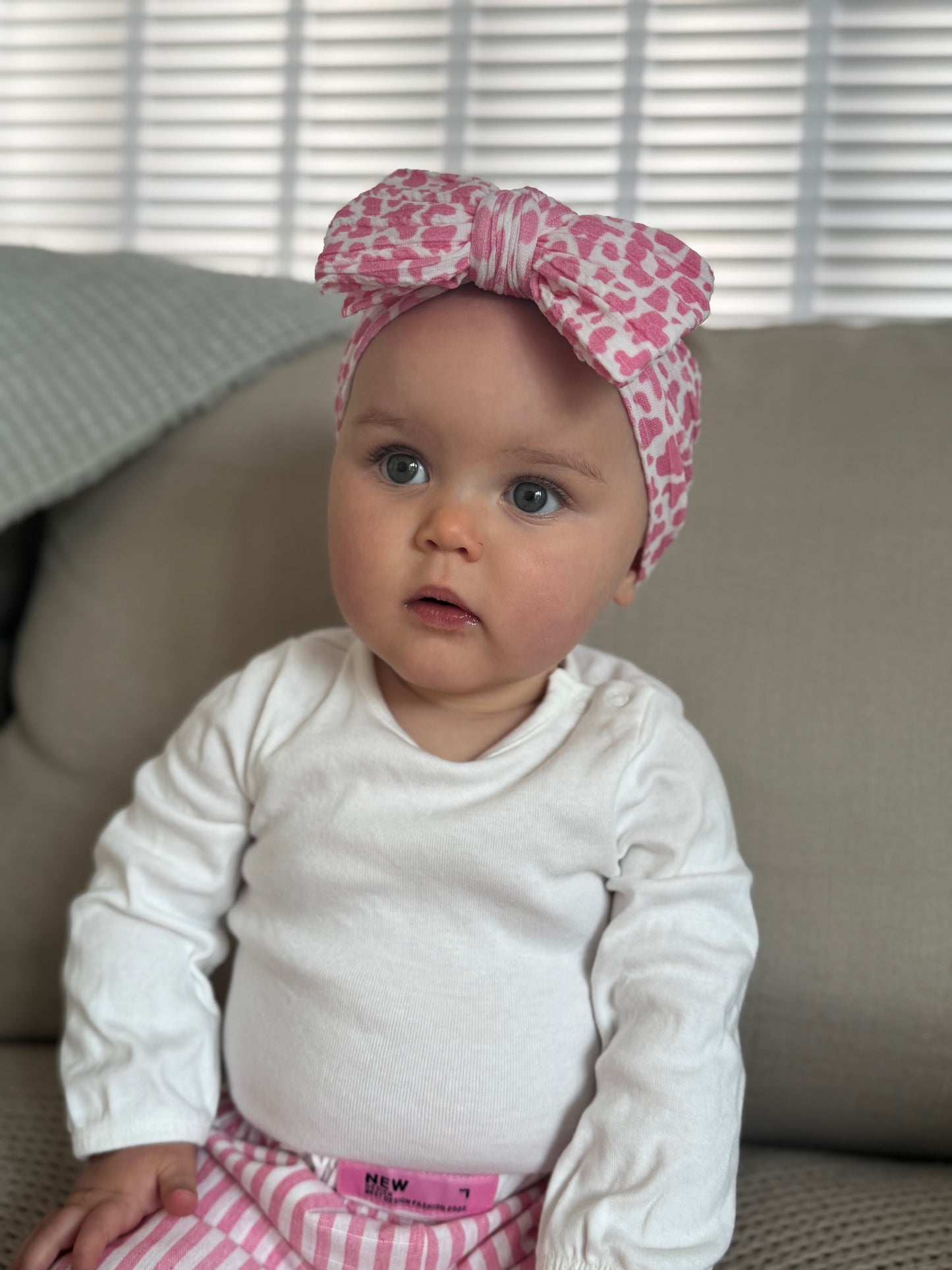 Pink Cow Print Larger Bow Cable Knit Headband