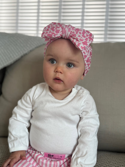 Pink Cow Print Larger Bow Cable Knit Headband