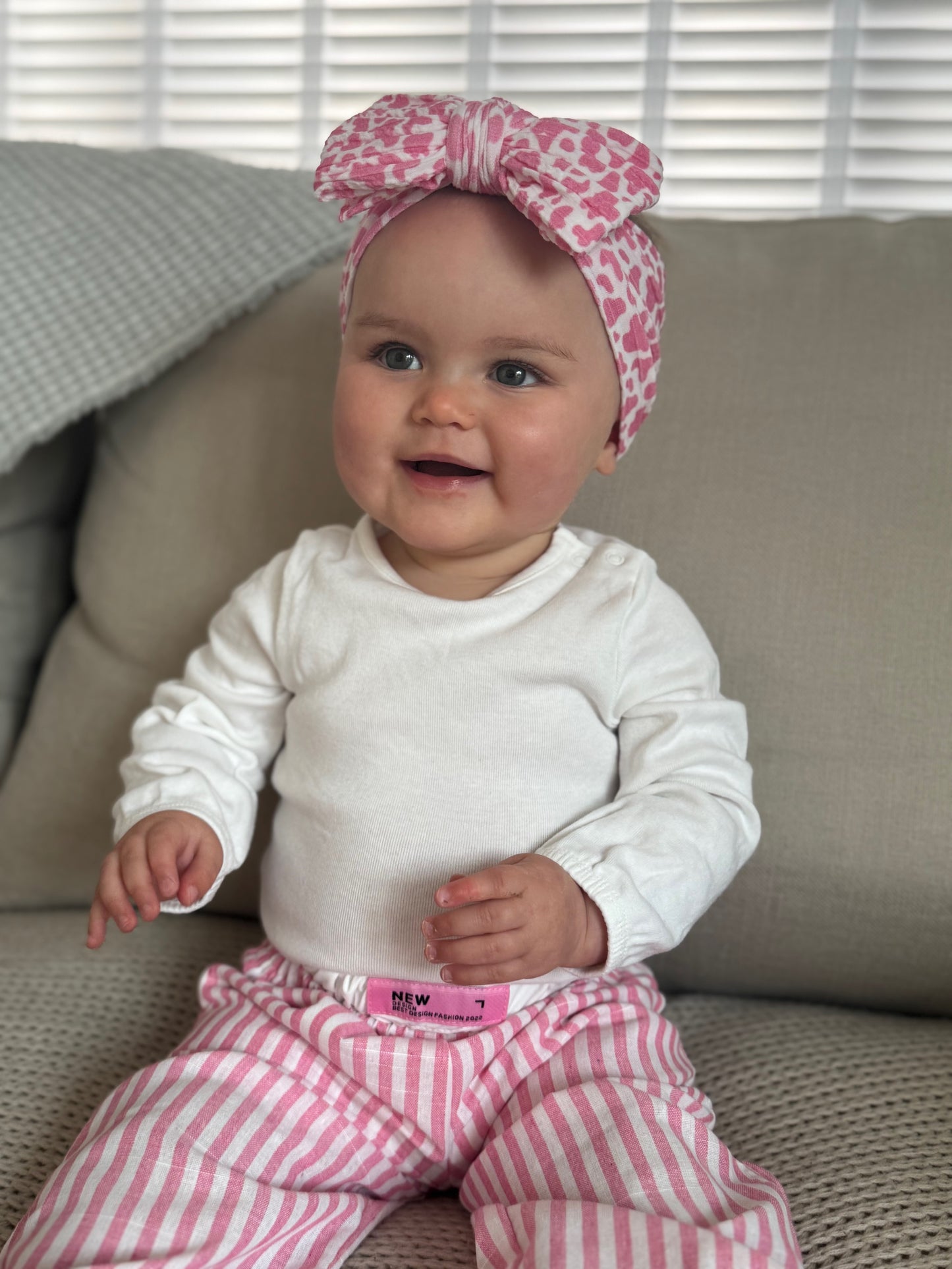 Pink Cow Print Larger Bow Cable Knit Headband