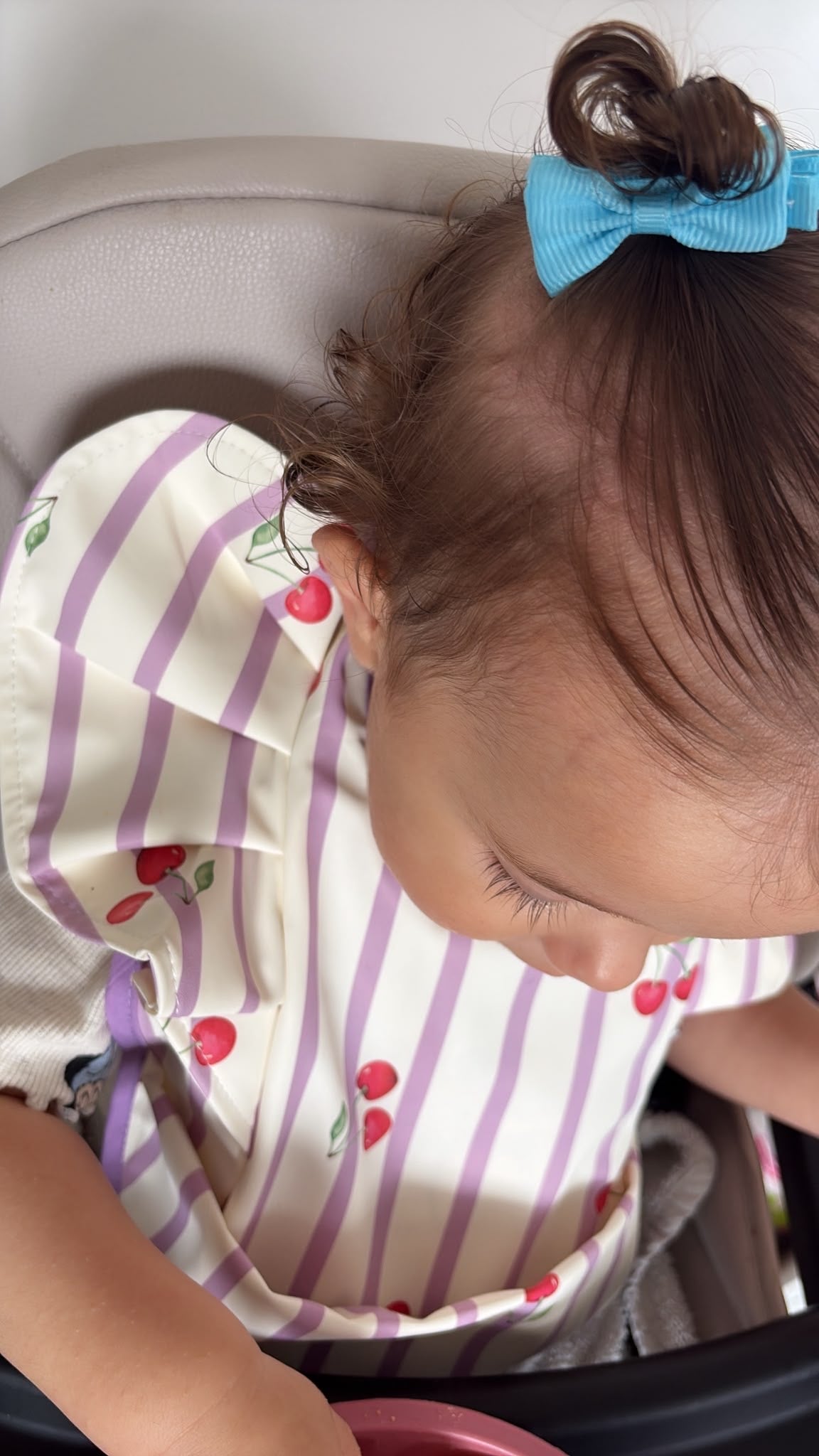 Lilac Pinstripe Cherry Pattern Frill Detailed Waterproof Weaning Bib
