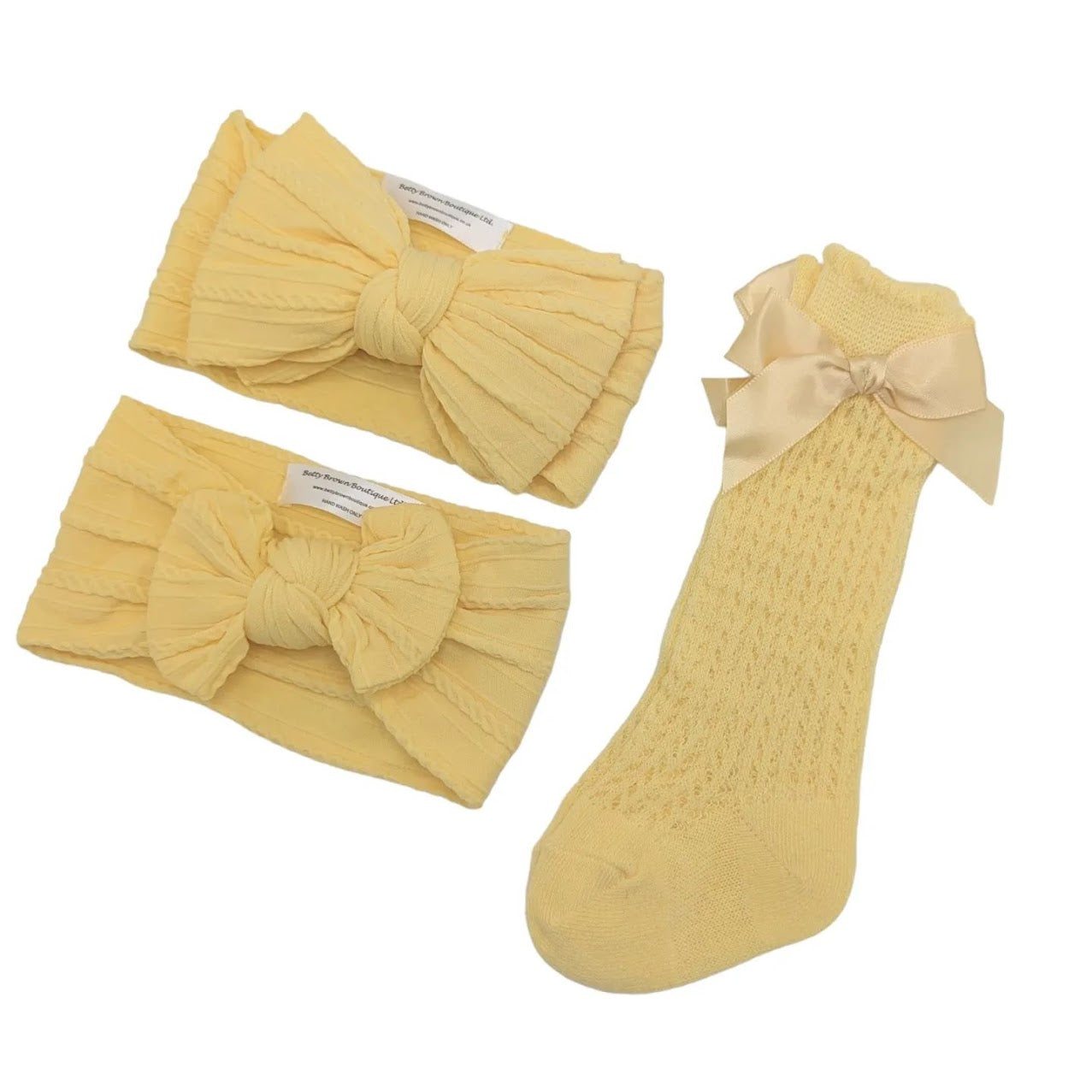 Our Daffodil Yellow Larger, Smaller Headwrap & Open Patterned Knee High Socks Set - Betty Brown Boutique Ltd